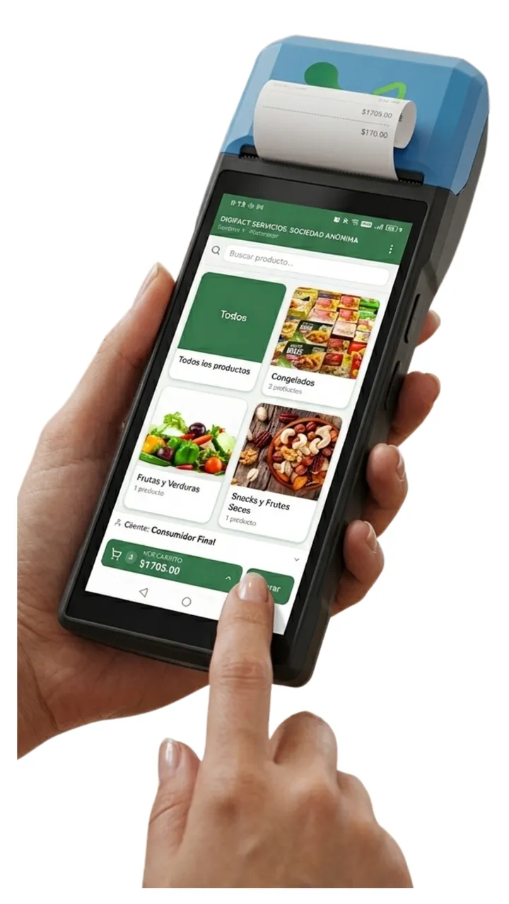 Dispositivo POS Android portátil con Facturapp, sostenido en una mano, mostrando el catálogo de productos e imprimiendo un recibo con código QR DGI