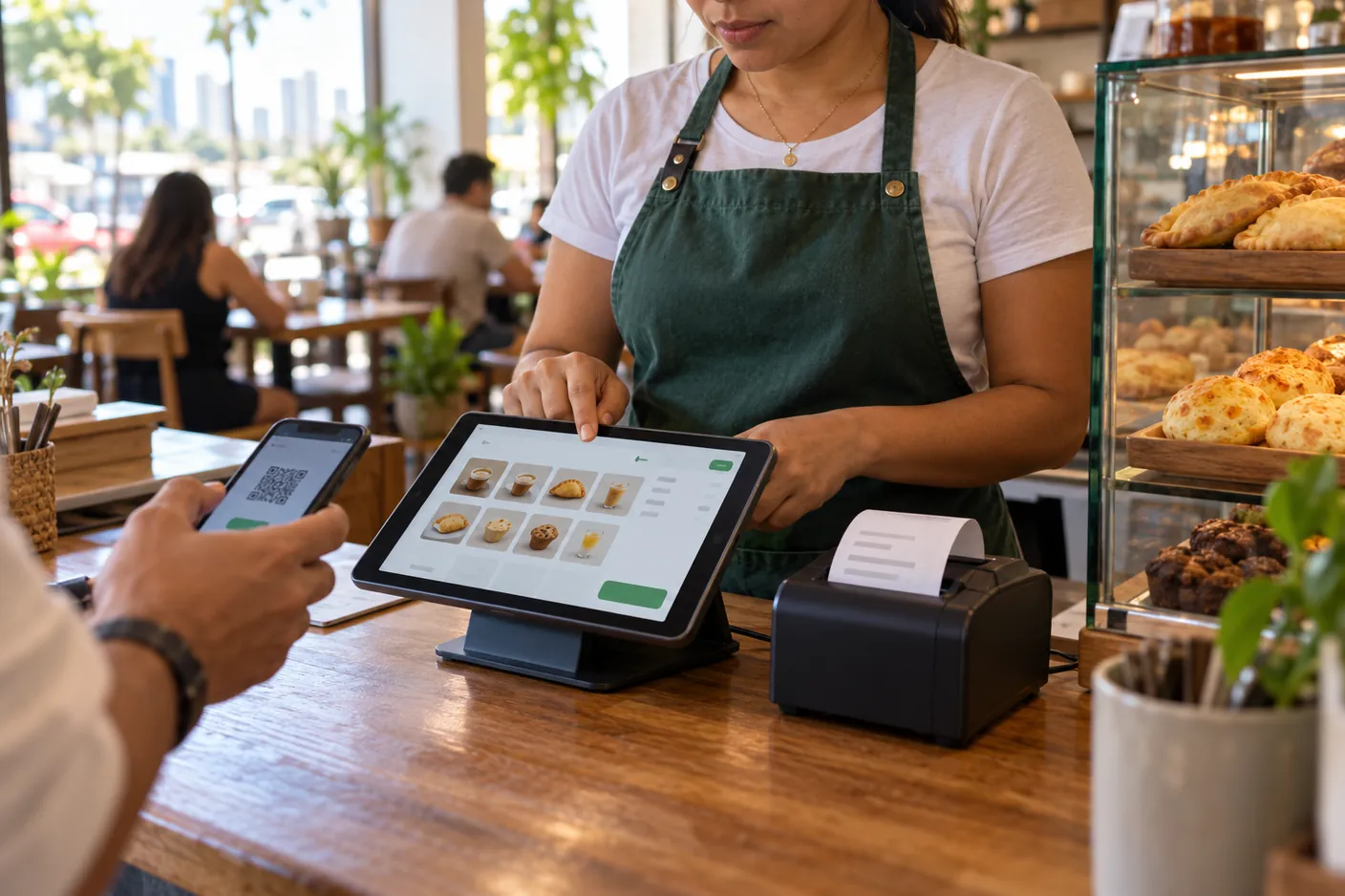 Cajera de una cafetería cobrando en una tablet con impresora de tickets mientras el cliente paga con el celular